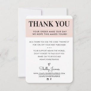THANK YOU business order insert modern blush pink Card