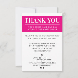THANK YOU business order insert modern bright pink Card