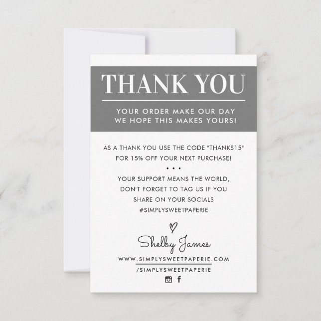 THANK YOU business order insert modern grey Card (Front)