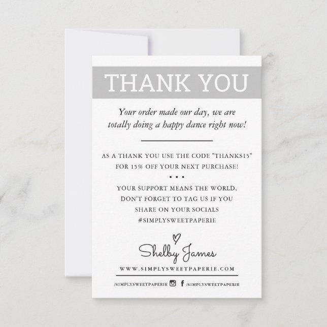 THANK YOU business order insert modern pale grey Card (Front)