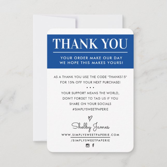 THANK YOU business order insert modern royal blue Card (Front)