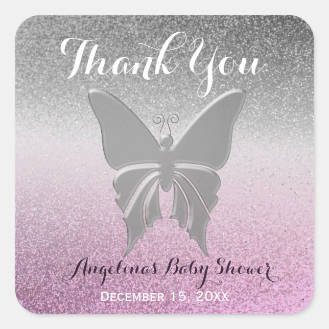 Thank You Butterfly Sparkle Pink Baby Shower Square Sticker (Front)