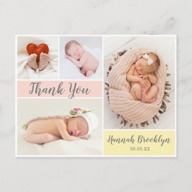 Thank You Calligraphy 4 Photo Collage Birth Announ Announcement Postcard (Front)