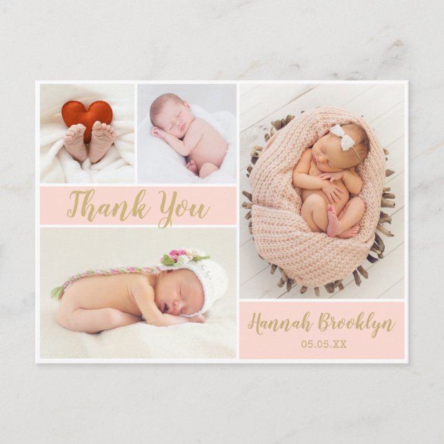 Thank You Calligraphy 4 Photo Collage Birth Announcement Postcard (Front)