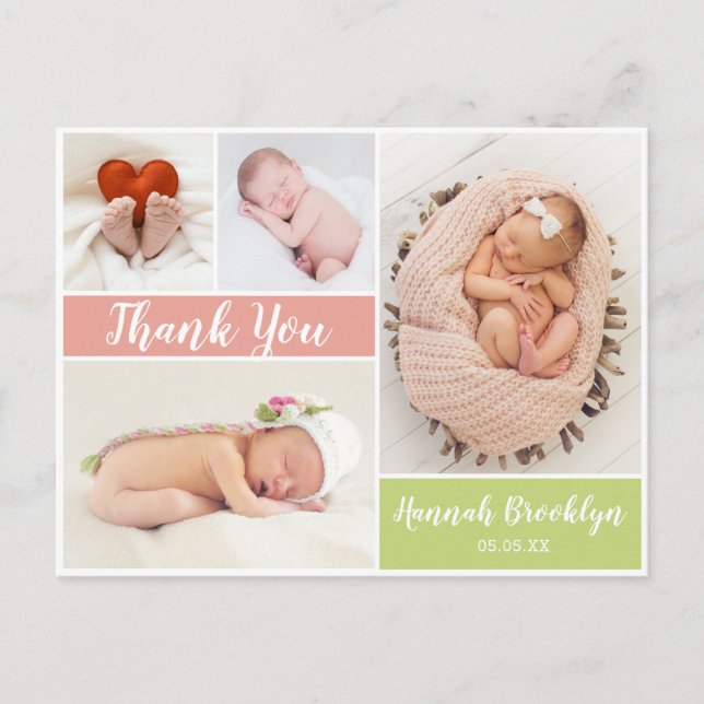 Thank You Calligraphy 4 Photo Collage Birth Announcement Postcard (Front)