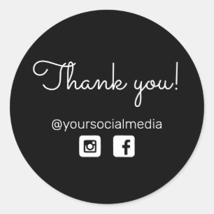 Thank you Calligraphy font w/ Social Media Black Classic Round Sticker
