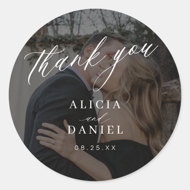 Thank you calligraphy photo wedding classic round sticker (Front)