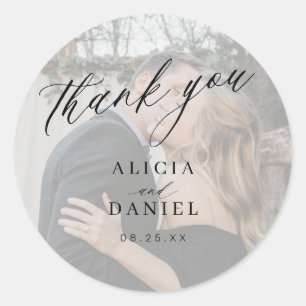 Thank you calligraphy photo wedding classic round sticker
