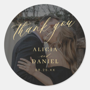 Thank you calligraphy photo wedding classic round sticker