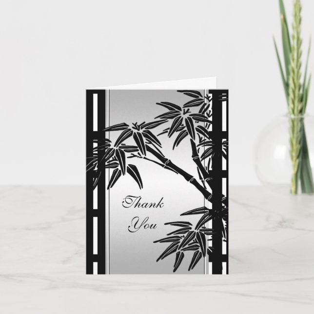 Thank You Card Asian Floral Black Silver Bamboo (Front)