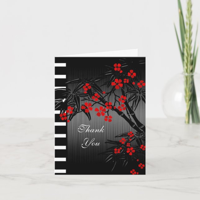 Thank You Card Asian Red Floral Black Bamboo (Front)