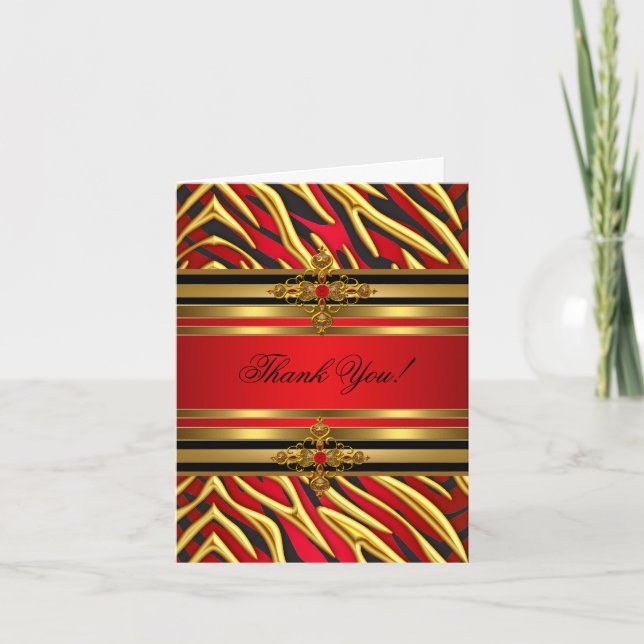 Thank You Card Birthday Party Red Zebra Gold Black (Front)
