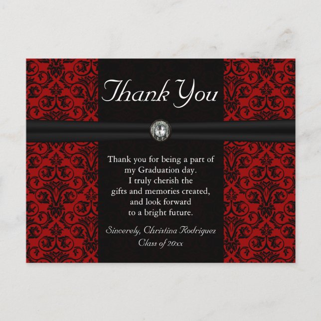 Thank You Card Black and Red Damask Jewel (Front)