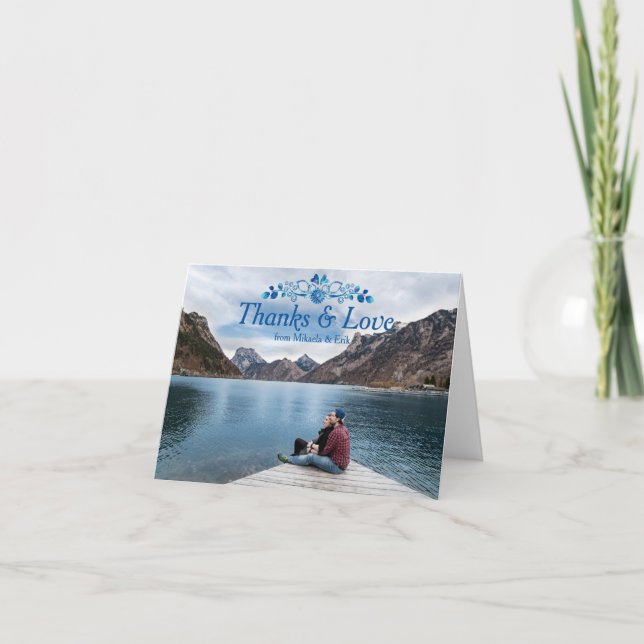 Thank You Card Blue Floral Design Over Photo (Front)