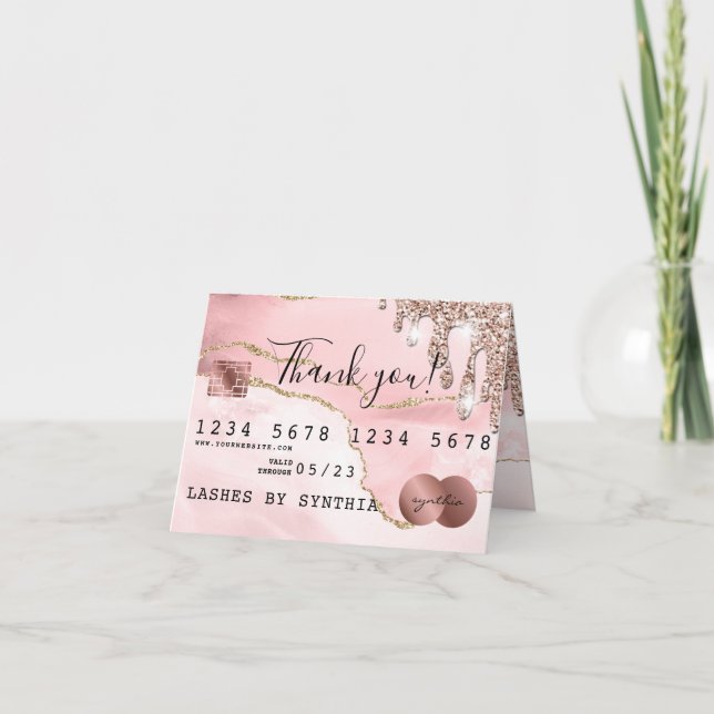 thank you card credit card agate blush pink drips (Front)