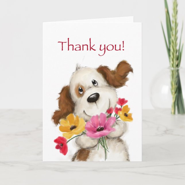 Thank you card, cute dog with a bunch of flowers card (Front)