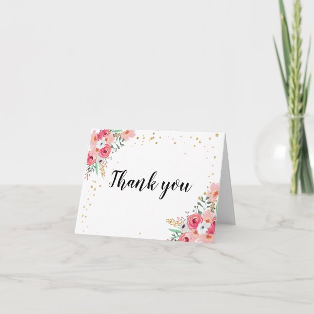Thank you card Floral Flowers Pink and Gold Shower (Front)