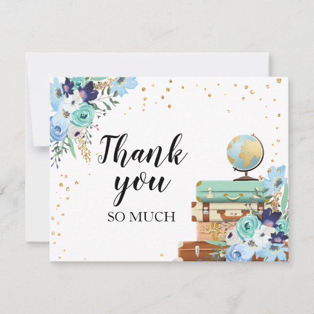 Thank you card Flowers Miss to Mrs Travel Blue (Front)