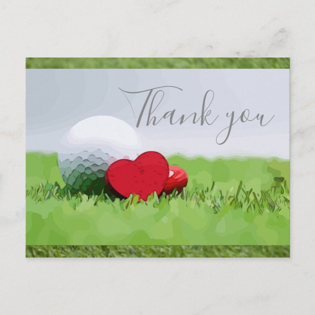 Thank you card for golfer with golf ball & love (Front)