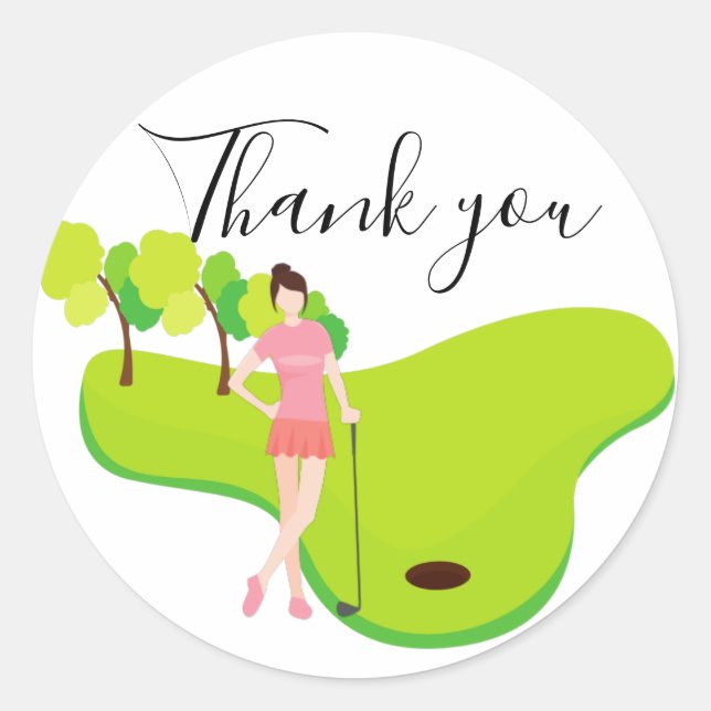 Thank you card for golfer with Lady woman golfer  Classic Round Sticker (Front)