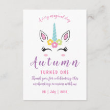 Thank you card for Magical Unicorn Birthday