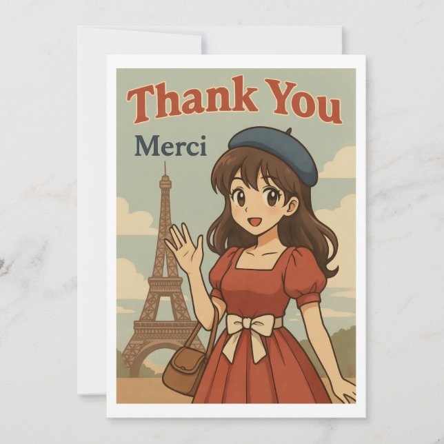 Thank You Card - French Anime Girl in Paris (Front)