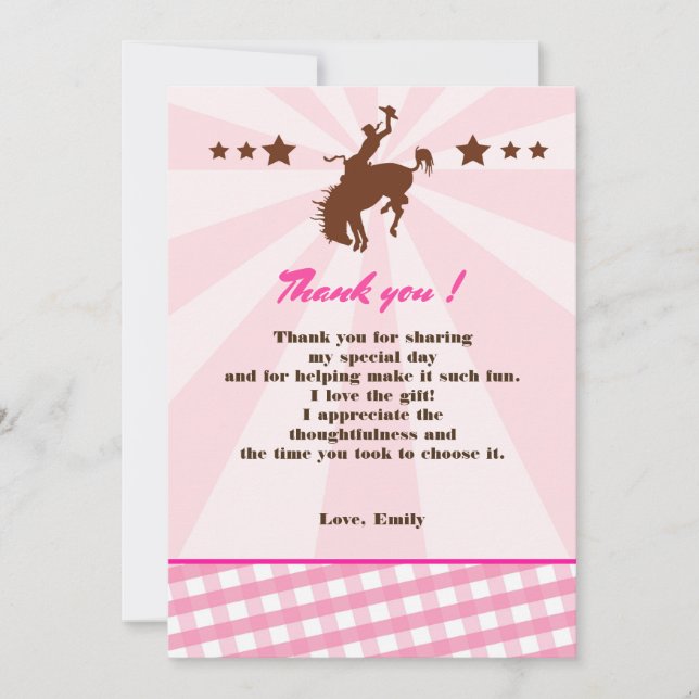 Thank You Card Girl Birthday Rodeo Cowgirl Pink (Front)