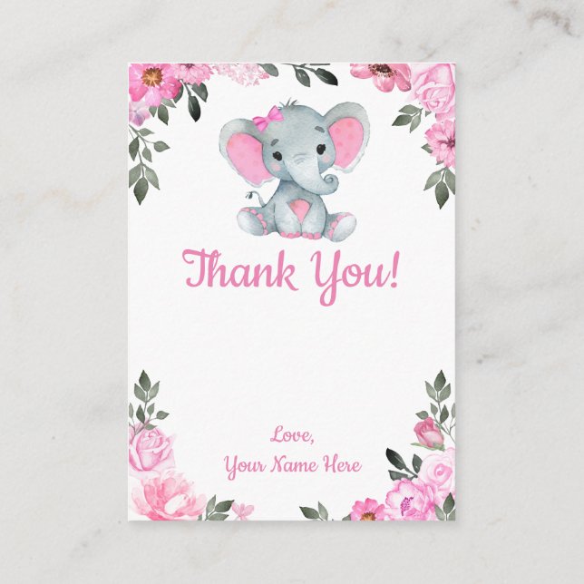 Thank You Card Girl Elephant Shower Pink Rustic (Back)