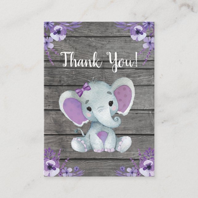 Thank You Card Girl Elephant Shower Purple Rustic (Front)