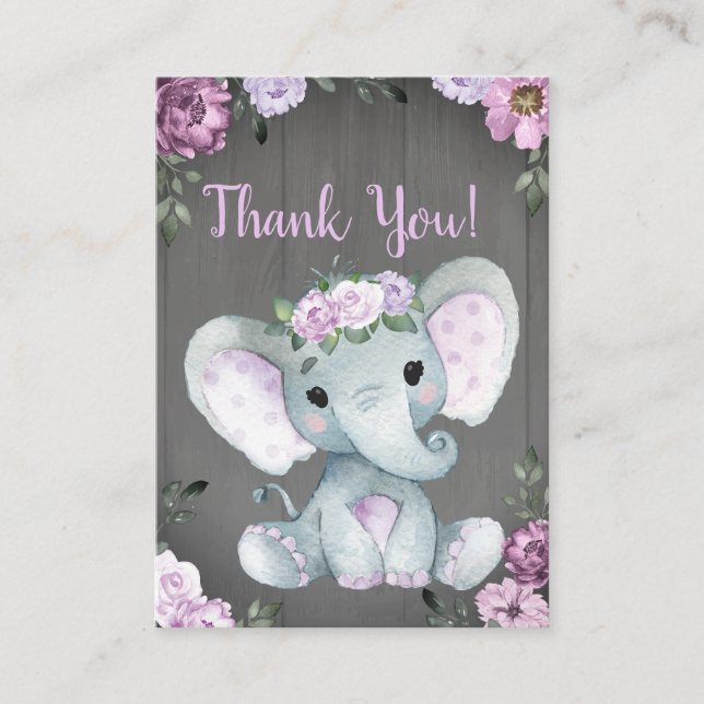 Thank You Card Girl Elephant Shower Purple Rustic (Front)