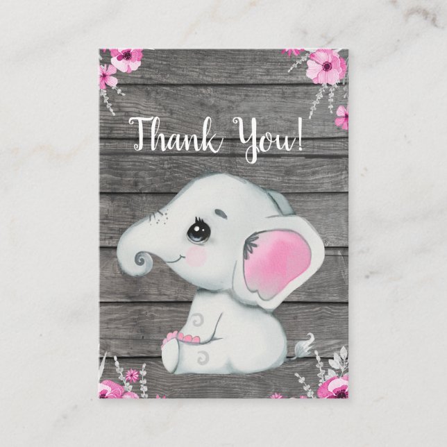 Thank You Card Girl Elephant Shower Rustic (Front)