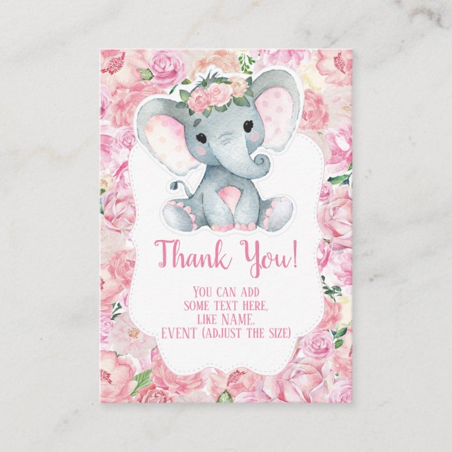 Thank You Card Girl Elephant Shower with Flowers (Front)
