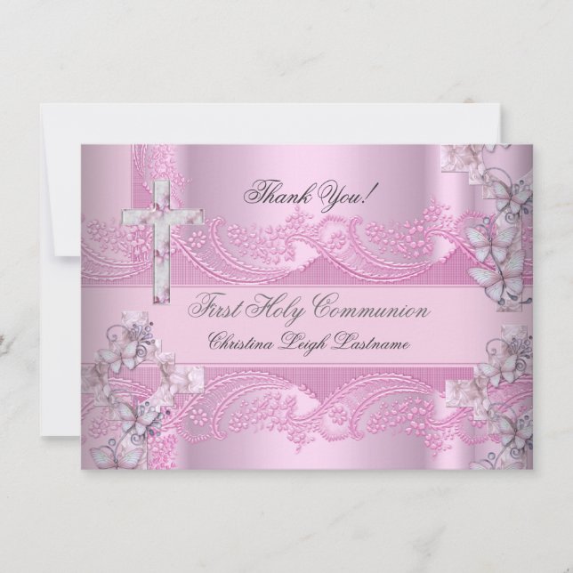 Thank You Card Girl First Holy Communion Lace Pink (Front)
