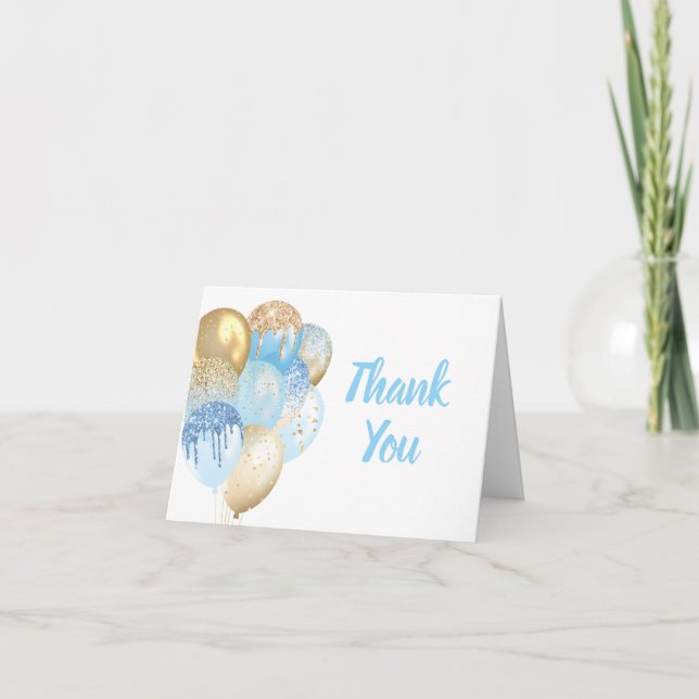 Thank You Card Gold Glitter Blue Balloons Baby Boy (Front)