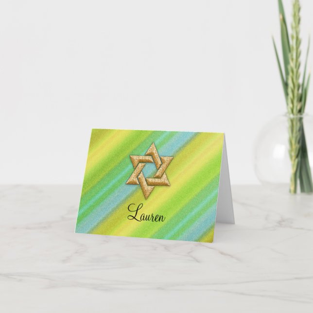 Thank You Card Gold Star Yellow Blue Green Stripes (Front)