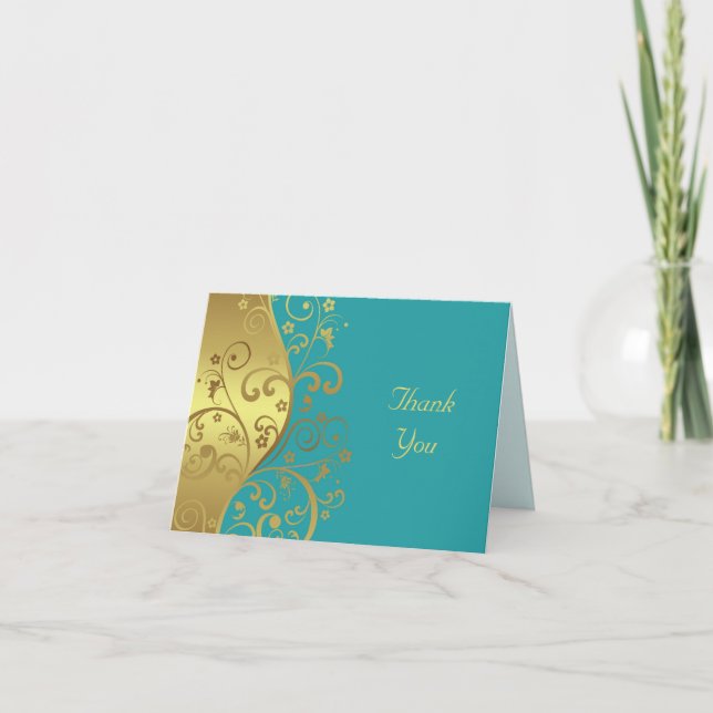 Thank You Card--Gold Swirls & Teal (Front)