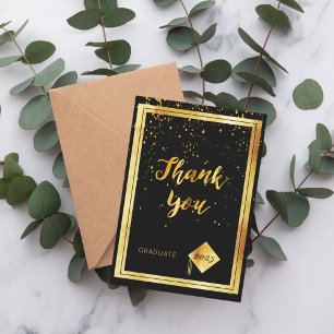 Thank you card graduation black gold confetti