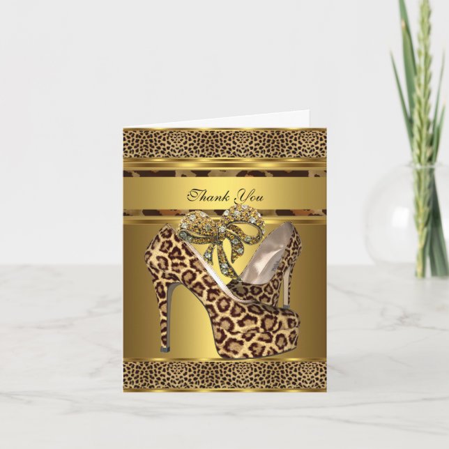 Thank You Card Hi Heel Shoes Leopard Gold Bow (Front)