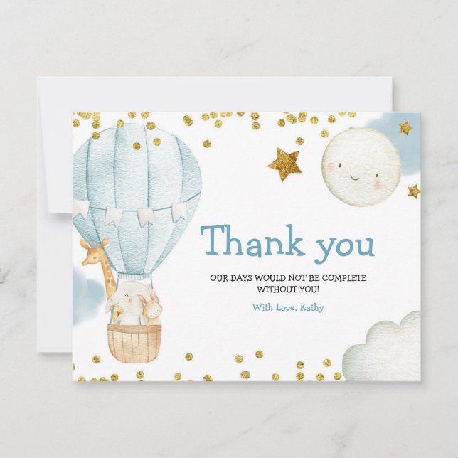 Thank you Card Hot Air Balloon Animals Baby Shower (Front)