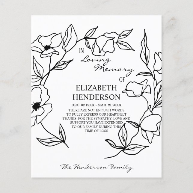 Thank you card in memory of sympathy with flowers. (Front)