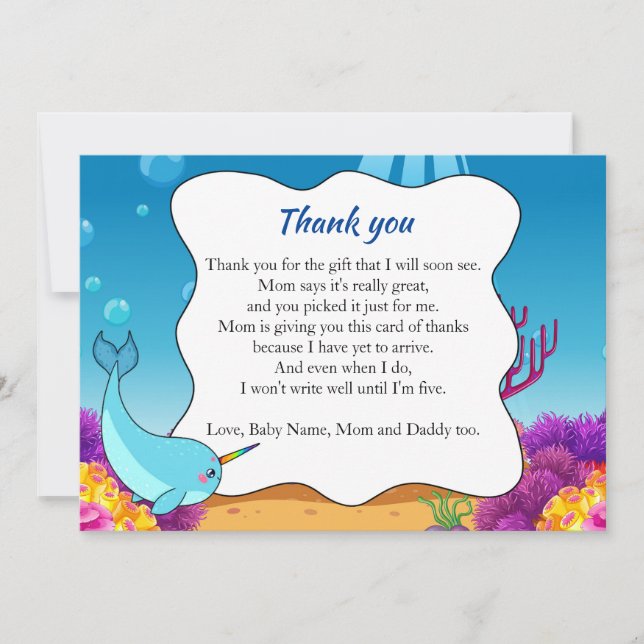 Thank you card narwahal under the sea custom (Front)