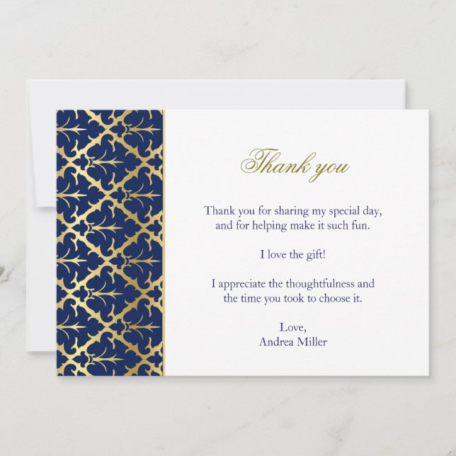 Thank you card navy blue gold damask (Front)