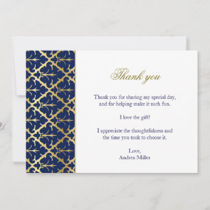 Thank you card navy blue gold damask