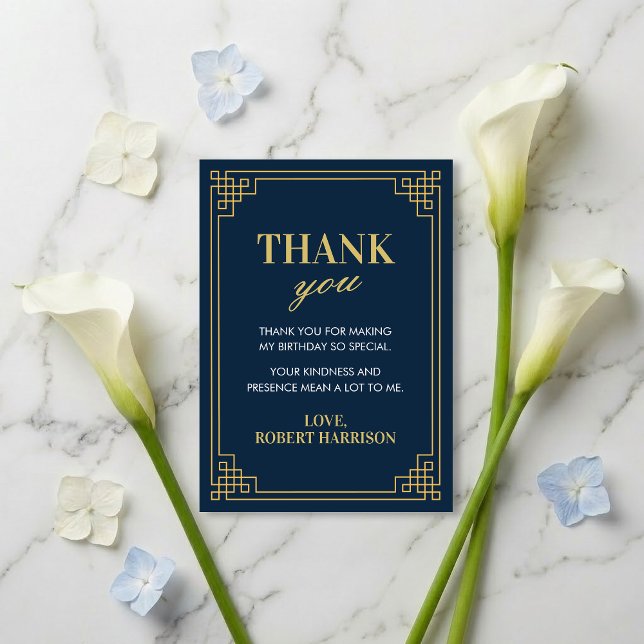 Thank You Card Navy Gold Art Deco 80th Birthday (SEE FULL SUITE AT BOTTOM)