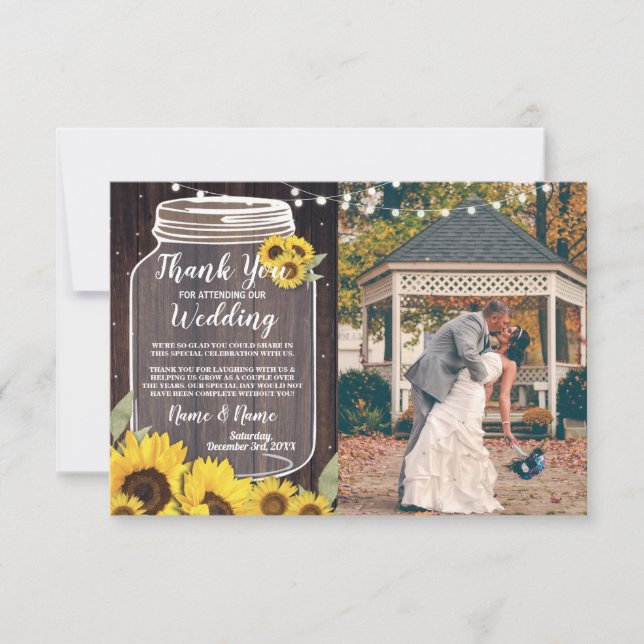 Thank You Card Photo Rustic Sunflower Jar Lights (Front)
