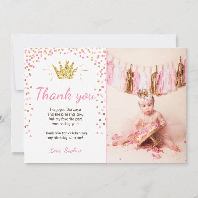 Thank you card Princess Birthday Gold Pink (Front)