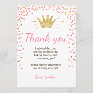 Thank you card Princess Birthday Gold Pink