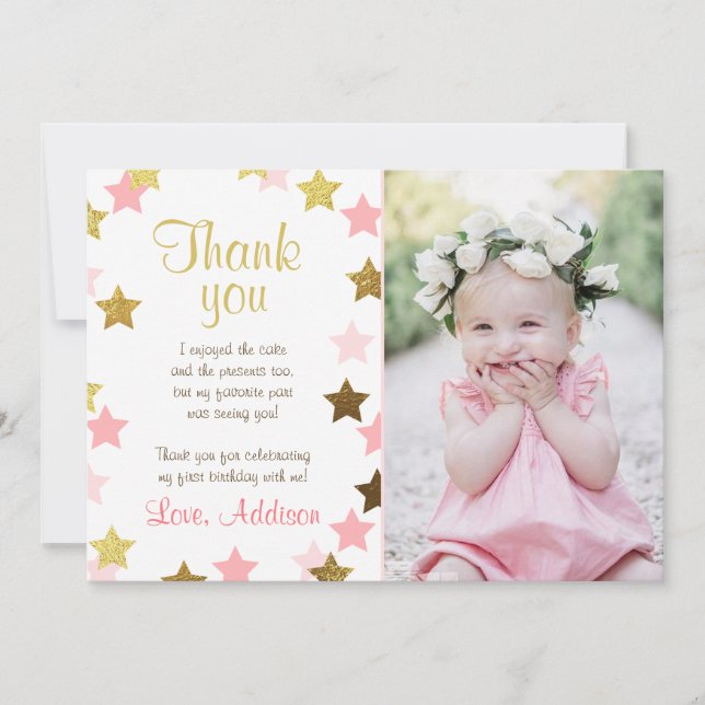 Thank You Card Stars Pink Gold Glitter Girl (Front)