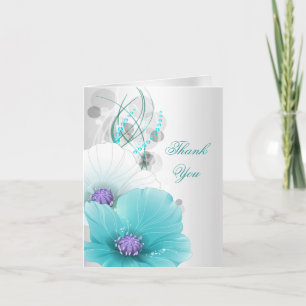 Thank You Card Teal Blue Purple White Poppies