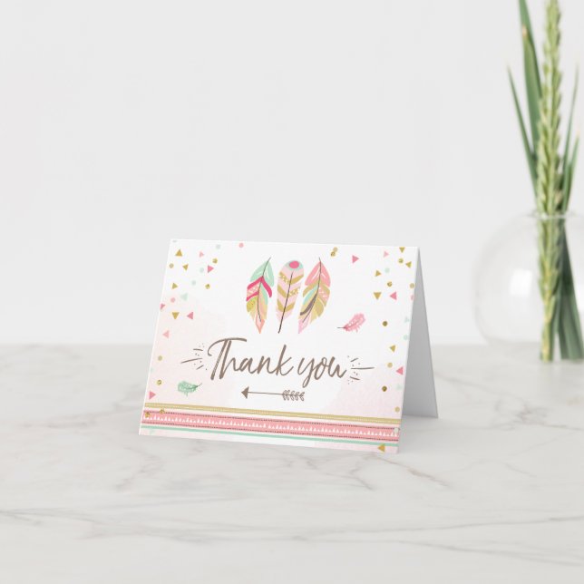 Thank you card Wild One Pink Girl Boho Feathers (Front)